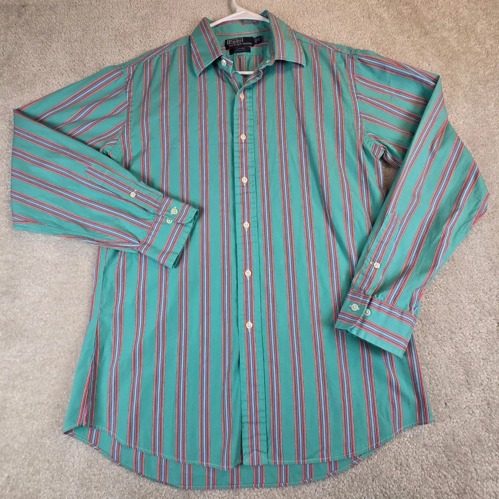 Vtg Polo Ralph Lauren Curham Teal Striped Button Down Shirt Mens 17 34/35
